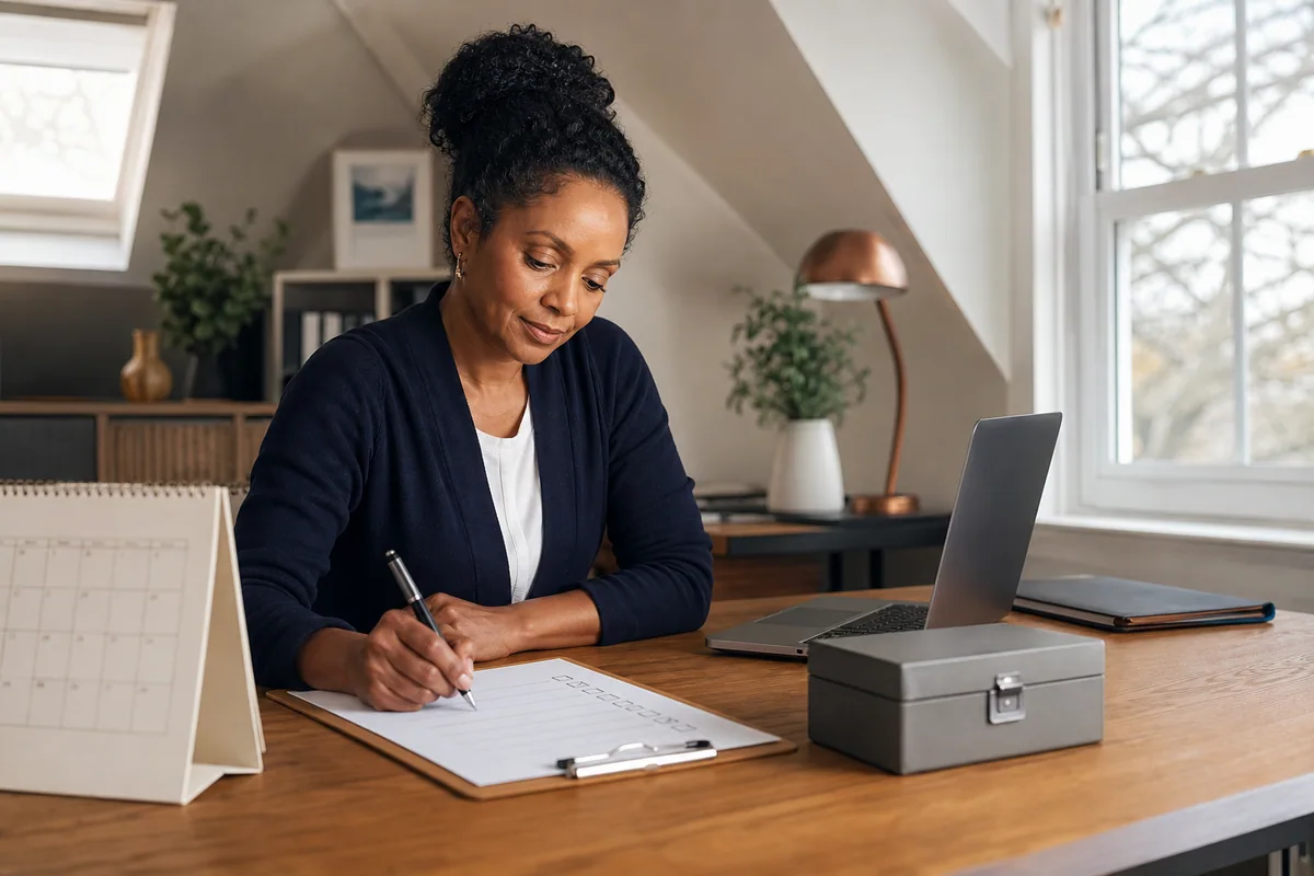 A woman completing an annual household asset checklist in a quiet home office