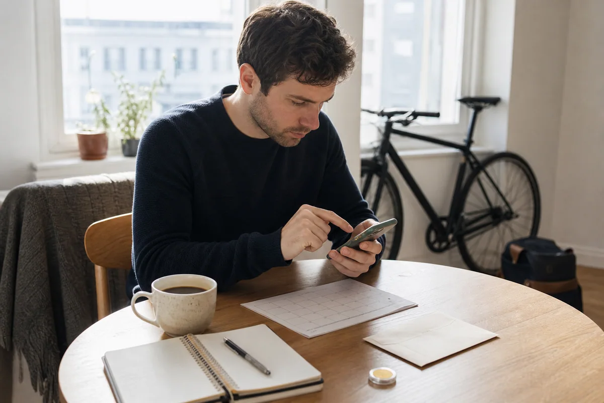 Professional planning a monthly gold routine with a phone, calendar and budget notebook