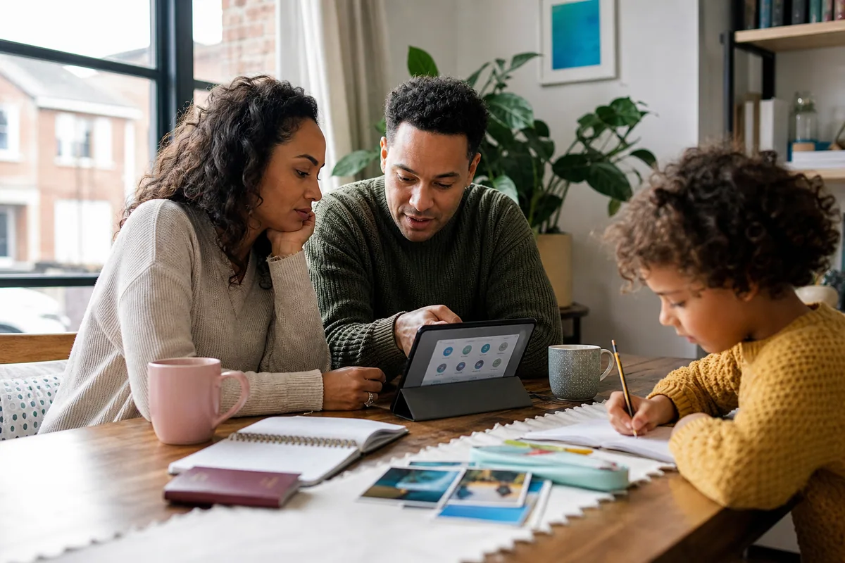 A family discussing an investment plan with travel documents and a tablet at the dining table