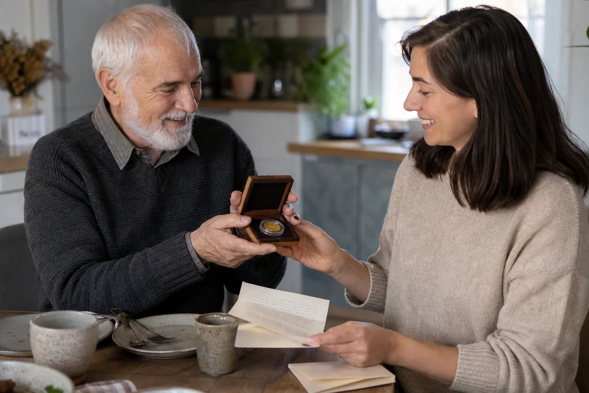 Grandmother and adult granddaughter discussing a small boxed gold gift at home