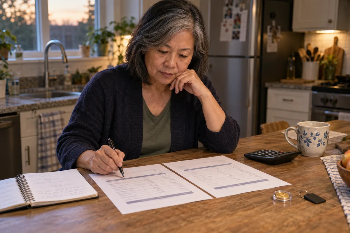 A woman comparing two fee schedules with a calculator at her kitchen table