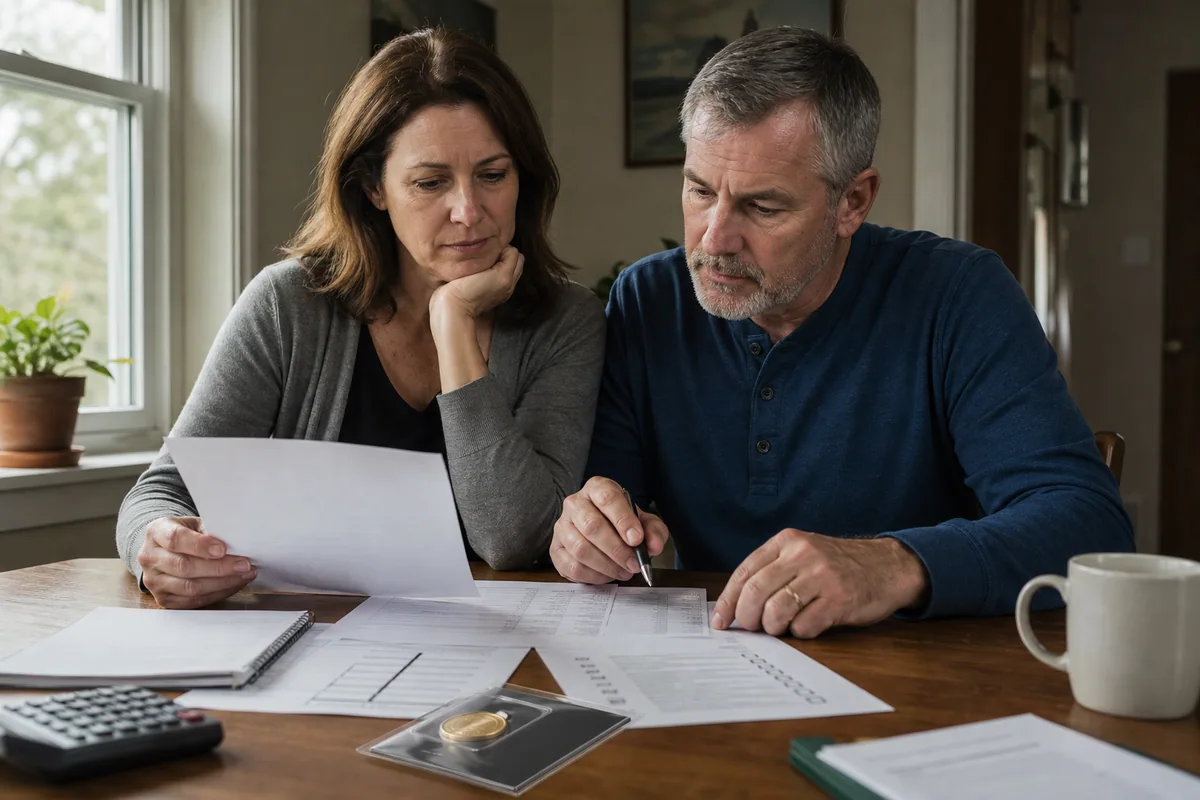 A couple reviewing retirement paperwork and a sealed gold coin at their dining table