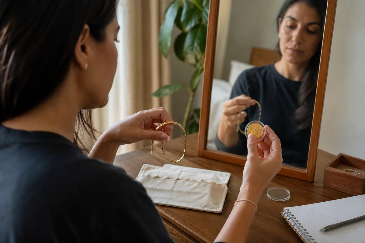 Jewellery designer and customer comparing a simple gold bracelet with an unbranded bullion bar