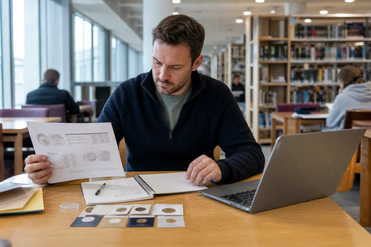 Reader researching bullion documents and provider comparisons at a public library table