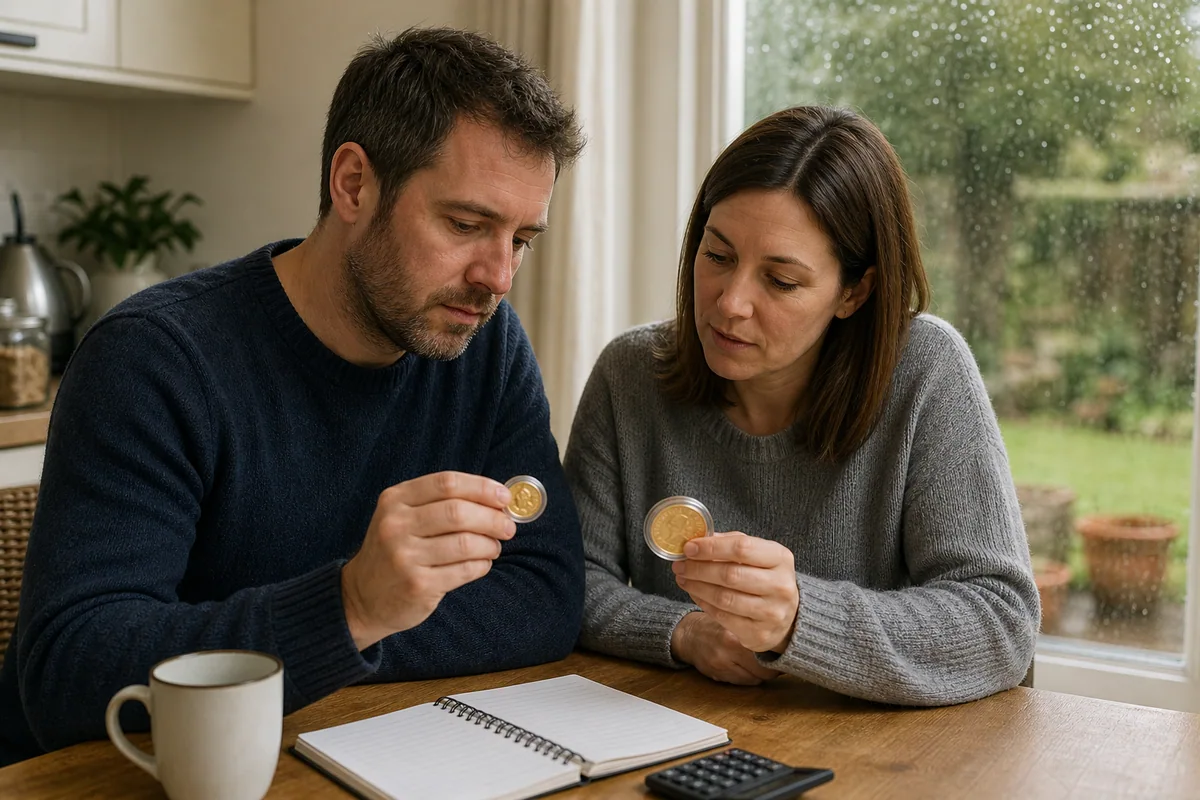 Couple comparing two different sizes of gold bullion coin at a kitchen table